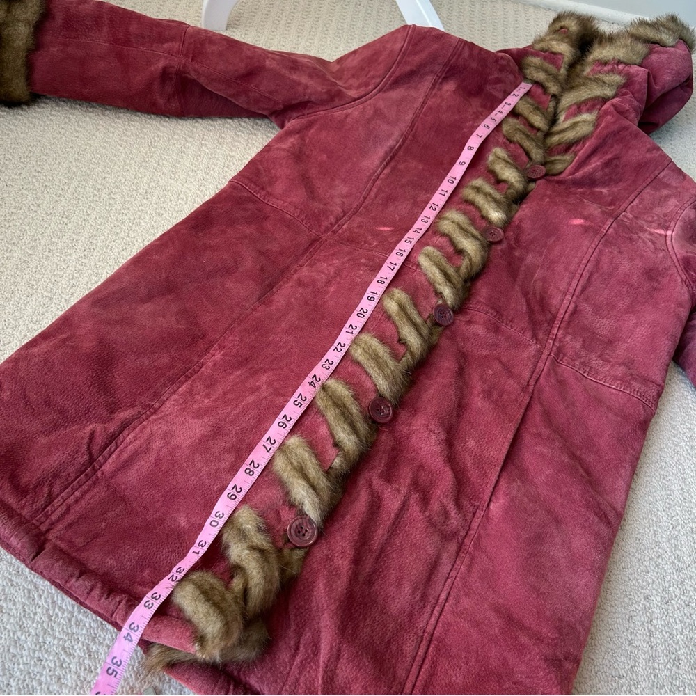 Dennis Basso Cranberry Suede Faux Fur Hooded Coat - Picture 8 of 15